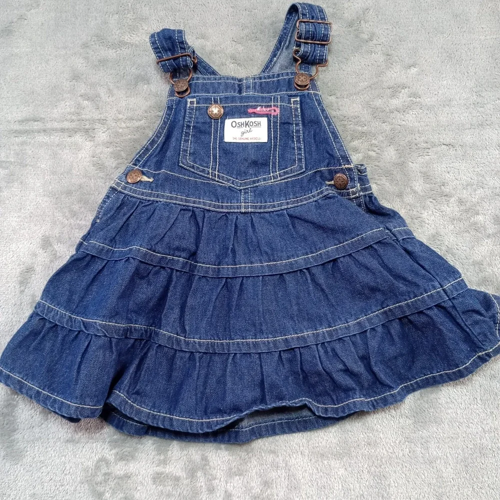 OshKosh B'gosh Overall Dress Girls 18 mos Vestbak Denim Jean Ruffles 100% Cotton